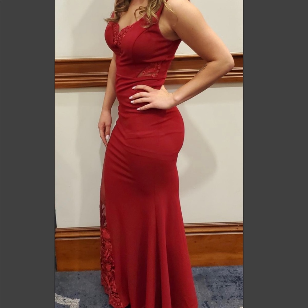 Long red dress with lace cut outs